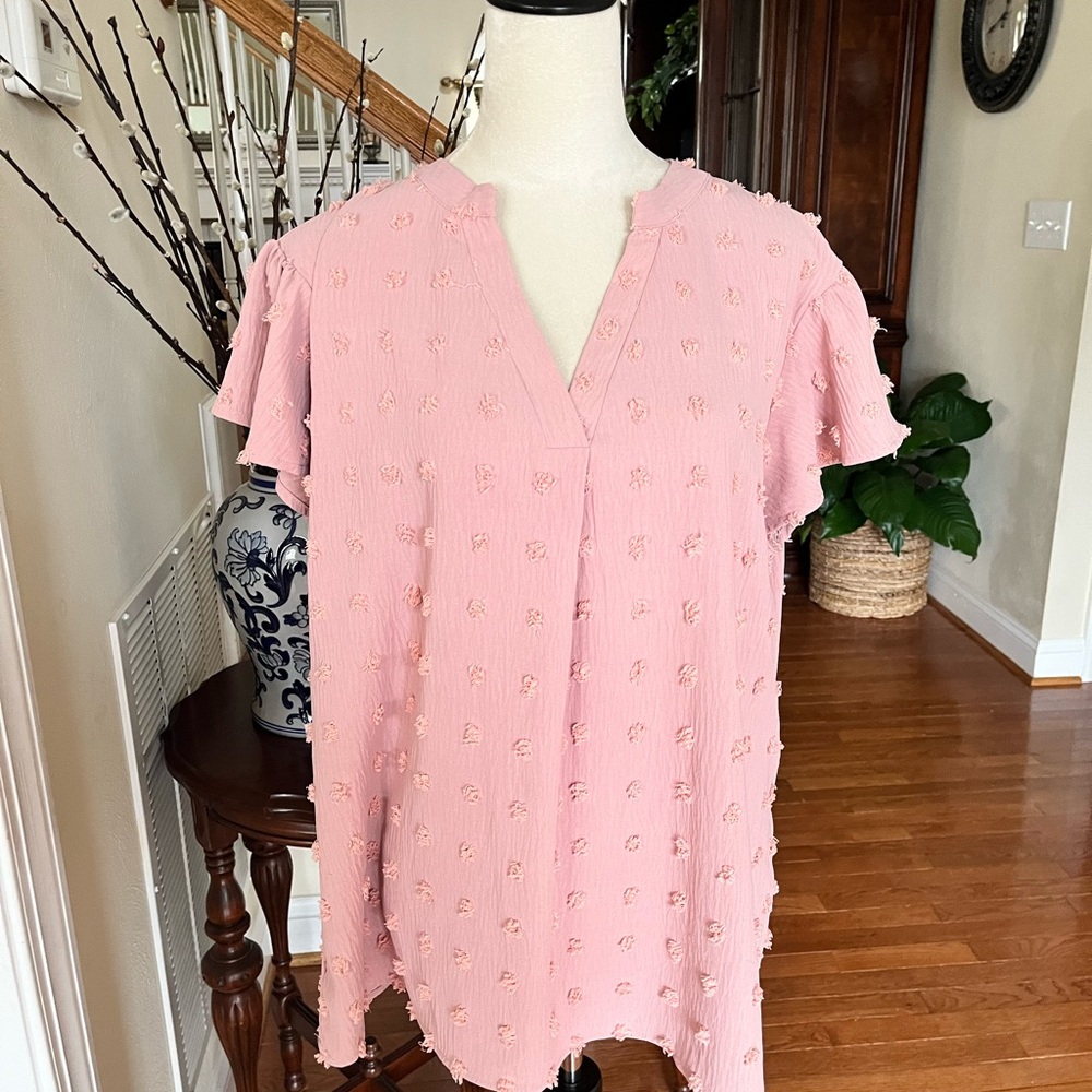 Cute pink Swiss dot blouse with V-neck and butterfly sleeves